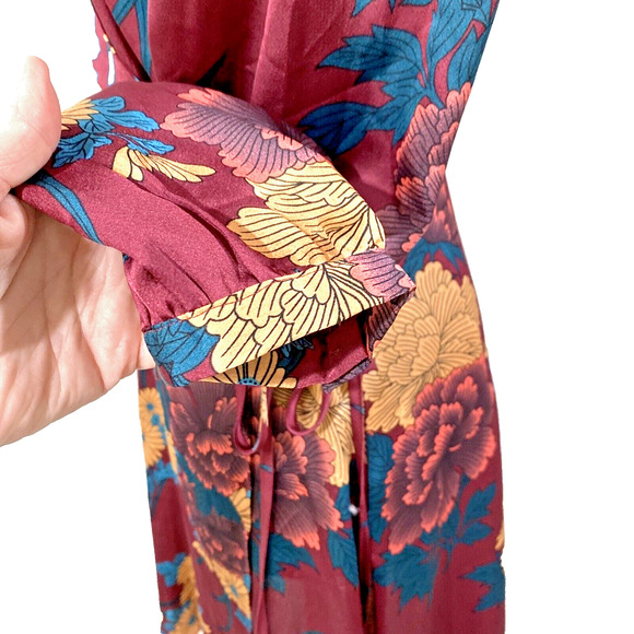 Lulus Size M Long Sleeve Silky True Wrap Dress Burgundy Teal Gold Floral Boho - Picture 4 of 9